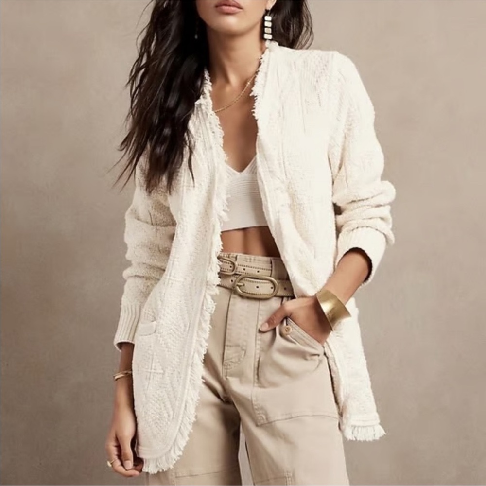 Banana Republic Heritage Coastal Open Front Cardigan XS Cream Fringe Texture